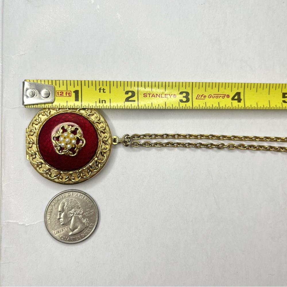 Vintage Guilloche Locket Necklace Gold Tone Red Enamel and Pearl Detail - Picture 8 of 15